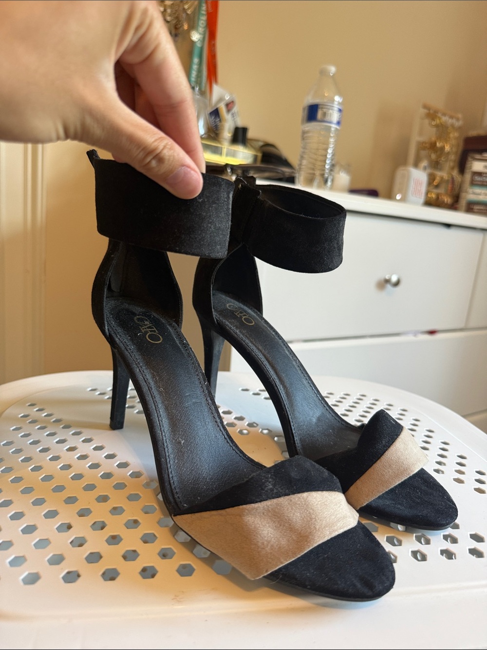 Cato Black and Tan Suede Ankle-Strap Stilettos